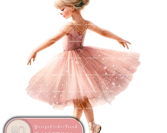 Può includere: Una giovane ballerina in un tutù di tulle rosa con dettagli scintillanti, che indossa scarpette da punta rosa. La ballerina è in posa in un movimento di danza elegante con le braccia distese.