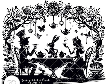Könnte beinhalten: Schwarz-weiß Silhouette Illustration von Alice und dem Hutmacher, die im Garten Tee trinken. Das Bild zeigt eine Teekanne, Teetassen und ein Kaninchen. Der Text "Design Studio Trend Alice im Wunderland" befindet sich am unteren Rand des Bildes.
