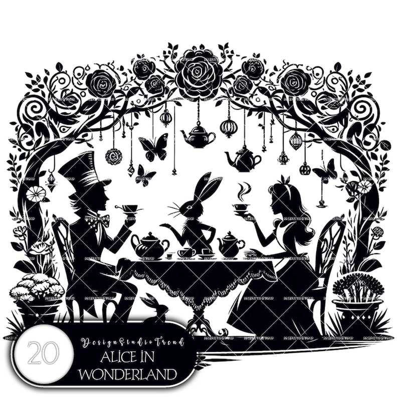 Pu&ograve; includere: Illustrazione in silhouette in bianco e nero di Alice e il Cappellaio Matto che prendono il t&egrave; in un giardino fantastico. L'immagine presenta una teiera, tazze da t&egrave; e un coniglio. Il testo "Design Studio Trend Alice in Wonderland" &egrave; in basso nell'immagine.