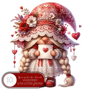 Gnomo de niña con carta de amor de San Valentín - 10 encantadoras decoraciones mágicas para guarderías con gnomos de niña - Amigos admiradores de gnomos