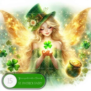 Puede incluir: Un hada con alas doradas y un sombrero verde sostiene un trébol de cuatro hojas en sus manos. Lleva un vestido verde y tiene el pelo largo y rubio. El fondo es verde y dorado brillante.
