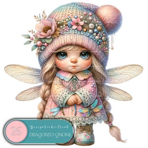 May include: A whimsical fairy gnome with pink and blue wings, wearing a pink and blue knitted hat with floral embellishments and a pink dress with dragonfly accents. The gnome has long blonde hair and blue eyes.
