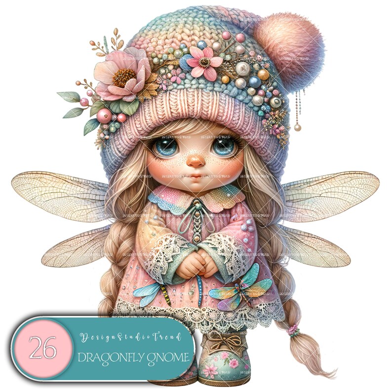 May include: A whimsical fairy gnome with pink and blue wings, wearing a pink and blue knitted hat with floral embellishments and a pink dress with dragonfly accents. The gnome has long blonde hair and blue eyes.