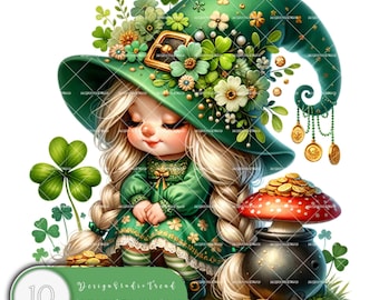 St. Patrick's Girl Gnome Clipart: Floral Spring PNG (10pcs) (Digital Download)