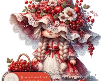 Red Currant Girl Gnome Clipart: Floral Spring Garden (Digital Download)