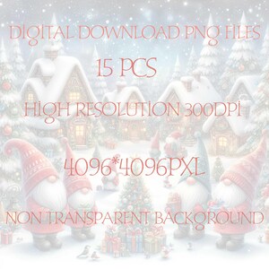Puede incluir: Una descarga digital de 15 ilustraciones de gnomos navide&ntilde;os. Los gnomos llevan gorros rojos y tienen barbas blancas. Est&aacute;n de pie frente a un pueblo nevado con casas y un &aacute;rbol de Navidad. La imagen es de 4096 x 4096 p&iacute;xeles y tiene un fondo no transparente.