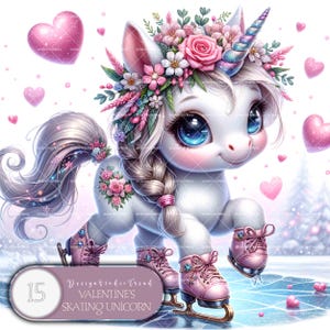 Sonhos de unicórnios patinadores caprichosos para o Dia dos Namorados: conjunto de clipart de inverno – 15 unicórnios bebês de inverno em tons pastéis para artesanatos mágicos e designs de inverno