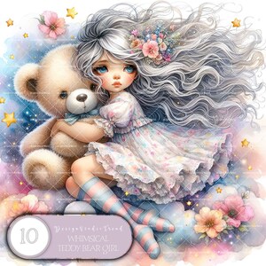 Ursinho de pelúcia caprichoso de primavera Clipart de menina – 10 designs florais PNG para sublimação e artesanato DIY – Download digital - Não transparente
