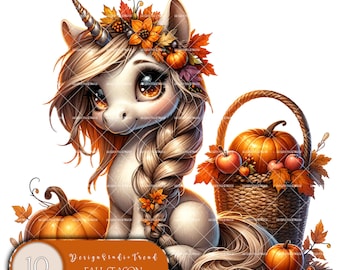 May include: A digital illustration of a white unicorn with a golden horn, adorned with a fall-themed floral crown and a long, braided mane. A basket filled with pumpkins and apples sits beside the unicorn. The image includes the text "Fall Season Unicorn".
