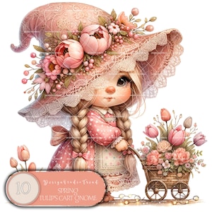 Frühlingstulpen-Wagen-Mädchen-Zwerg - 10 Stk Bezaubernde Blumenzwerg-Clipart-Set - Magische Kinderzimmer-Dekor - Sublimations-Design - Nicht transparent