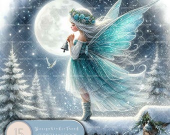 May include: A fairy with blue wings and a teal dress stands on a snowy rooftop with a full moon in the background. The fairy is holding a silver bell in her hand. The text "Christmas Roof Fairy" is written below the image.