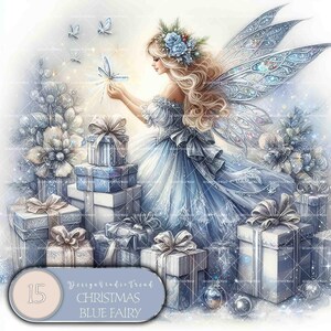 Clipart de Hadas Navideñas Azules: Diseños de Regalos Mágicos (Descarga Digital)