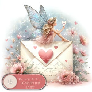 Può includere: Una fata con ali blu è seduta su una busta bianca con un cuore rosa sul davanti. La busta è circondata da fiori rosa e glitter. Il testo sulla busta dice "To the one I love so long, I love you forever to give loving you a lot next Love it"
