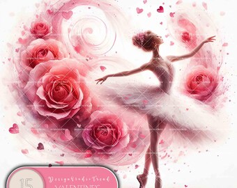 Valentine Rosen Ballerina Clipart: 15 Aquarell PNG Designs (Kommerzielle Nutzung)