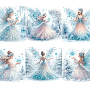 May include: A set of ten digital illustrations featuring fairies with blue wings and white dresses, holding snowflakes in a winter wonderland setting.