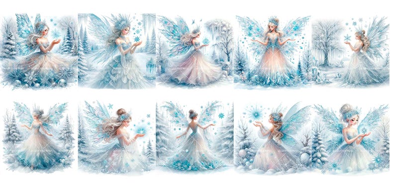 May include: A set of ten digital illustrations featuring fairies with blue wings and white dresses, holding snowflakes in a winter wonderland setting.