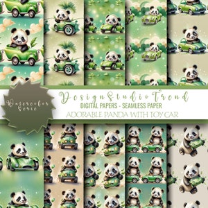 Grillige panda met speelgoedauto clipart – dromerig thema – 10 stuks naadloze patronen – direct downloaden – commercieel gebruik – speelse dierenafbeeldingen