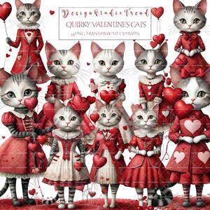 May include: A set of 10 digital clipart images featuring cute cartoon cats dressed in red and white Valentine's Day outfits. The cats are holding hearts and some have red balloons. The images are perfect for creating Valentine's Day cards, invitations, and other crafts.