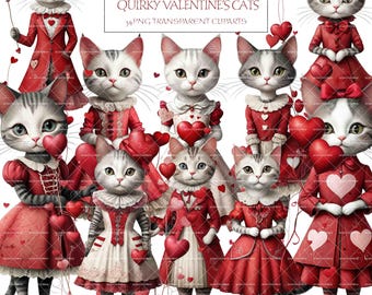 Valentine's Cat Paper Doll Clipart: 34 PNG Printable Set (Commercial Use)