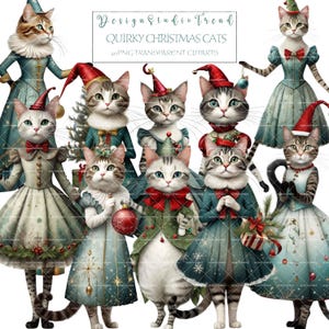 Kit de clipart original pour poupée en papier chat de Noël - 20 pièces imprimables pour carnets indésirables et travaux manuels - Transparent de haute qualité - usage commercial
