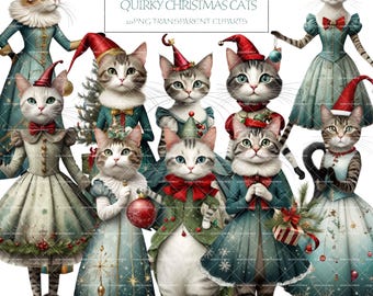 Christmas Cat Paper Doll Clipart: 20-Piece Junk Journal Set (Commercial Use)