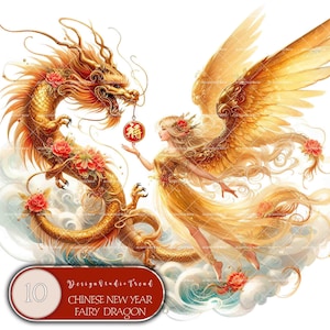 Ensemble de clipart fée dragon enchanteur pour le Nouvel An chinois – 10 motifs magiques pour décoration de chambre de bébé et de baby shower – non transparent – usage commercial
