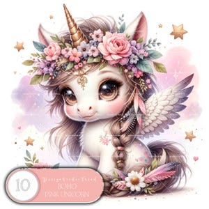 Bundle enchanteur de cliparts licorne rose de style bohème - 10 adorables bébés licornes - art numérique fantaisiste - usage commercial - non transparent