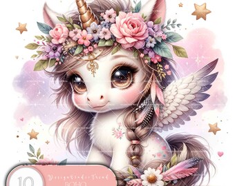 Boho Pink Unicorn Clipart Bundle: Baby Unicorns, Commercial Use (PNG)