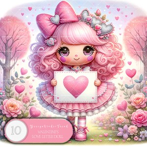Conjunto de imágenes prediseñadas de muñecas con cartas de amor para San Valentín: 10 diseños no transparentes de alta calidad para diarios basura, proyectos creativos de manualidades de bricolaje