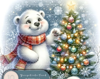 May include: A white polar bear wearing a red and white plaid scarf stands next to a decorated Christmas tree with colorful ornaments and lights. The background is a snowy winter scene with snowflakes.