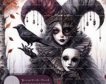 Gothic Raven Joker Doll Clipart: Victorian Masquerade PNG Designs (Commercial Use