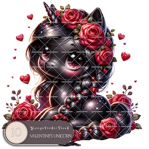 Clipart di unicorno magico - 10 illustrazioni di unicorno oscuro - Collezione di unicorni per bambini di San Valentino - Download digitale carino - Uso commerciale
