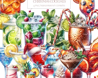 May include: A collection of 25 Christmas cocktail illustrations, featuring various festive drinks, including a red and green layered cocktail, a chocolate martini, a Moscow mule, and a margarita. The illustrations are in a cartoon style and are perfect for use in holiday-themed designs.
