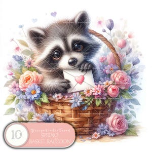 Cesta de primavera con mapache: 10 adorables diseños de animales con letras de amor para baby shower y decoración de guarderías. No transparente. Uso comercial