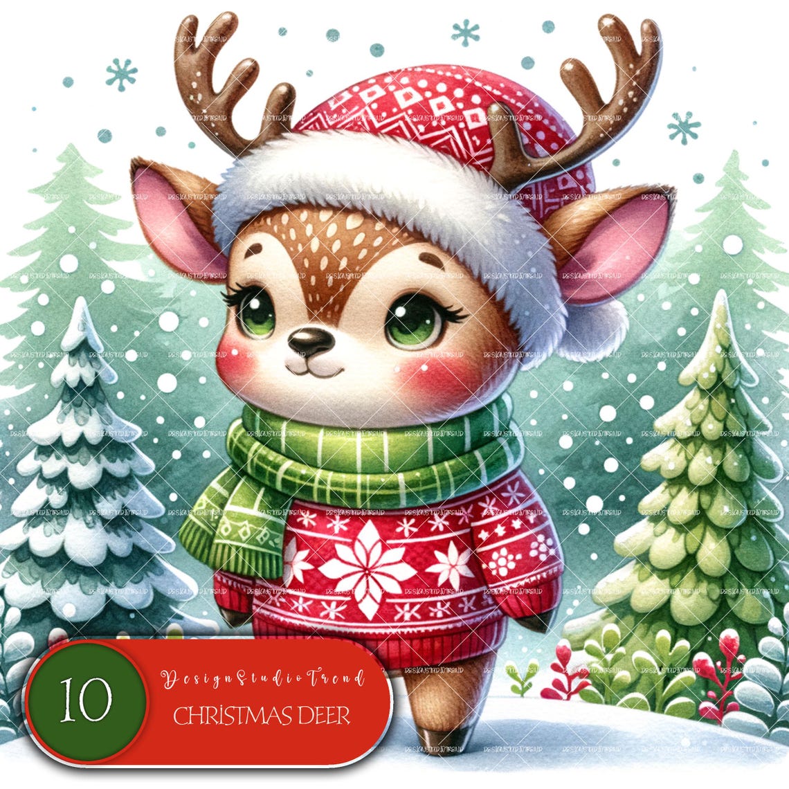 Christmas Deer Clipart Set: Watercolor Nursery Art (commercial Use ...
