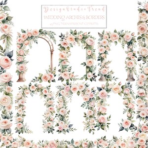 Stunning Watercolor Creamy Blush Rose - Wedding Arches and Borders Clipart - 45pcs - Floral Botanical Elements - Instant Digital Download