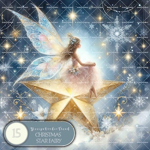 Clipartset betoverde kerststerfee – 15 grillige sneeuwvlokontwerpen voor babyshower kinderkamerdecoratie – niet-transparant – commercieel gebruik