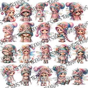 May include: A digital paper pack featuring 20 illustrations of fairies with wings, wearing pink and blue knit hats with flowers and holding a dragonfly. The fairies have long hair and are wearing pink and blue dresses.