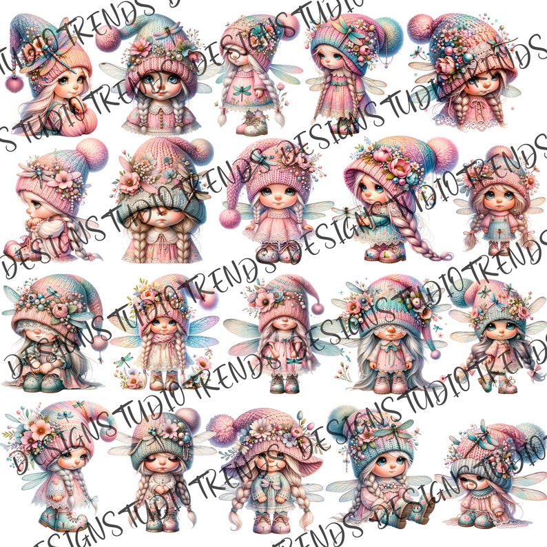May include: A digital paper pack featuring 20 illustrations of fairies with wings, wearing pink and blue knit hats with flowers and holding a dragonfly. The fairies have long hair and are wearing pink and blue dresses.