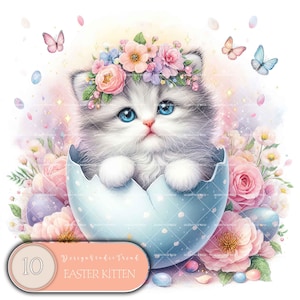 May include: A white kitten with blue eyes wearing a flower crown sits inside a blue and white egg. The egg is surrounded by pink and white flowers. The image has the text "10 Design Studio Trend Easter Kitten" at the bottom.