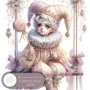 Op de afbeelding: Een pastelkleurige illustratie van een nar op een schommel, met een lolly. De nar draagt een gerimpelde kraag en een hoge hoed. De afbeelding bevat de tekst: "Design Studio Trend, Carnival Pastel Jester."