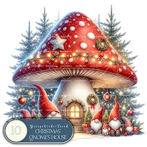Lunatique Noël champignon Gnome maison pays des merveilles Clipart - 10PNG Noël champignons maisons - chambre d'enfant Art numérique - usage Commercial