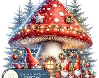 Whimsical Christmas Mushroom Gnome House Clipart: Nursery Digital Art (10 PNG) - Commercial Use