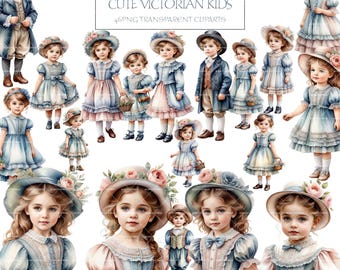 Imágenes prediseñadas de niños victorianos: PNG vintage en acuarela, uso comercial (descarga digital)