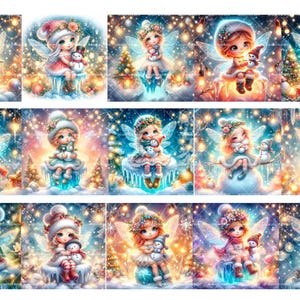 May include: A set of 10 digital images featuring cute fairy illustrations. Each image depicts a fairy with wings, holding a snowman and surrounded by twinkling lights. The fairies are wearing winter clothing and have a whimsical, magical feel.