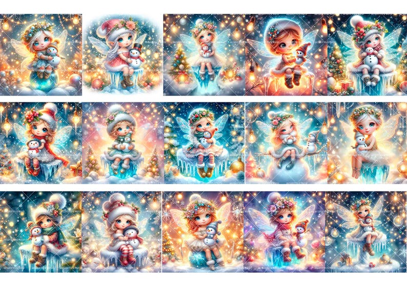May include: A set of 10 digital images featuring cute fairy illustrations. Each image depicts a fairy with wings, holding a snowman and surrounded by twinkling lights. The fairies are wearing winter clothing and have a whimsical, magical feel.