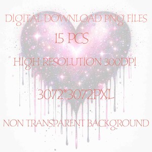 May include: A digital download of 15 heart-shaped graphics with a galaxy design. The hearts are dripping with pink and silver paint. The graphics are 3072 x 3072 pixels and 300 DPI. The background is non-transparent.