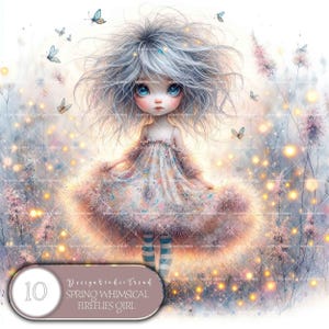Spring Whimsical Fireflies Girl Clipart Set – 10 Desenhos PNG Florais para Sublimação e Artesanato DIY – Download Digital - Não Transparente