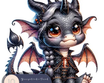 May include: A black and purple unicorn dragon with a braided mane and a red and black outfit. The dragon has large, expressive eyes and a friendly expression. The image is labeled "Unicorn Dragon" and "Design Studio Trend".