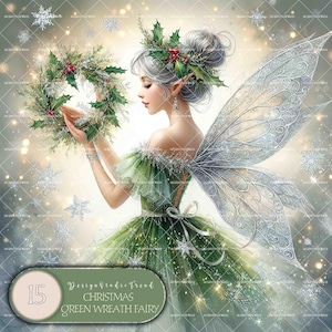 May include: A green fairy with silver wings holds a green Christmas wreath. The fairy is wearing a green dress with a silver belt. The background is a sparkly silver and white.